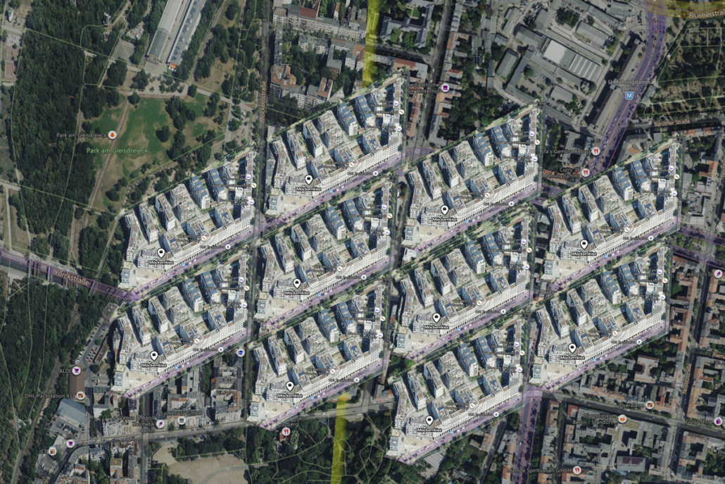 Visualisierung von 10x der Baumasse des Möckernkiezes